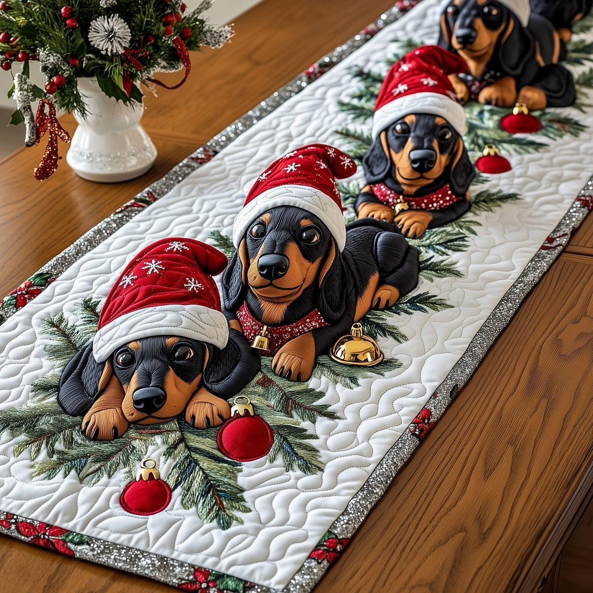 Dachshund Puppies with Red Hats Table Runner