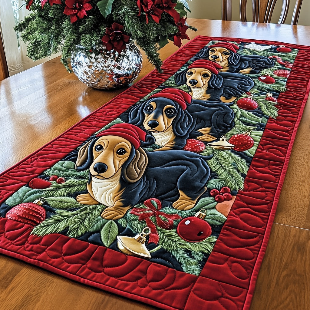 Dachshunds with Holly on Red Table Runner