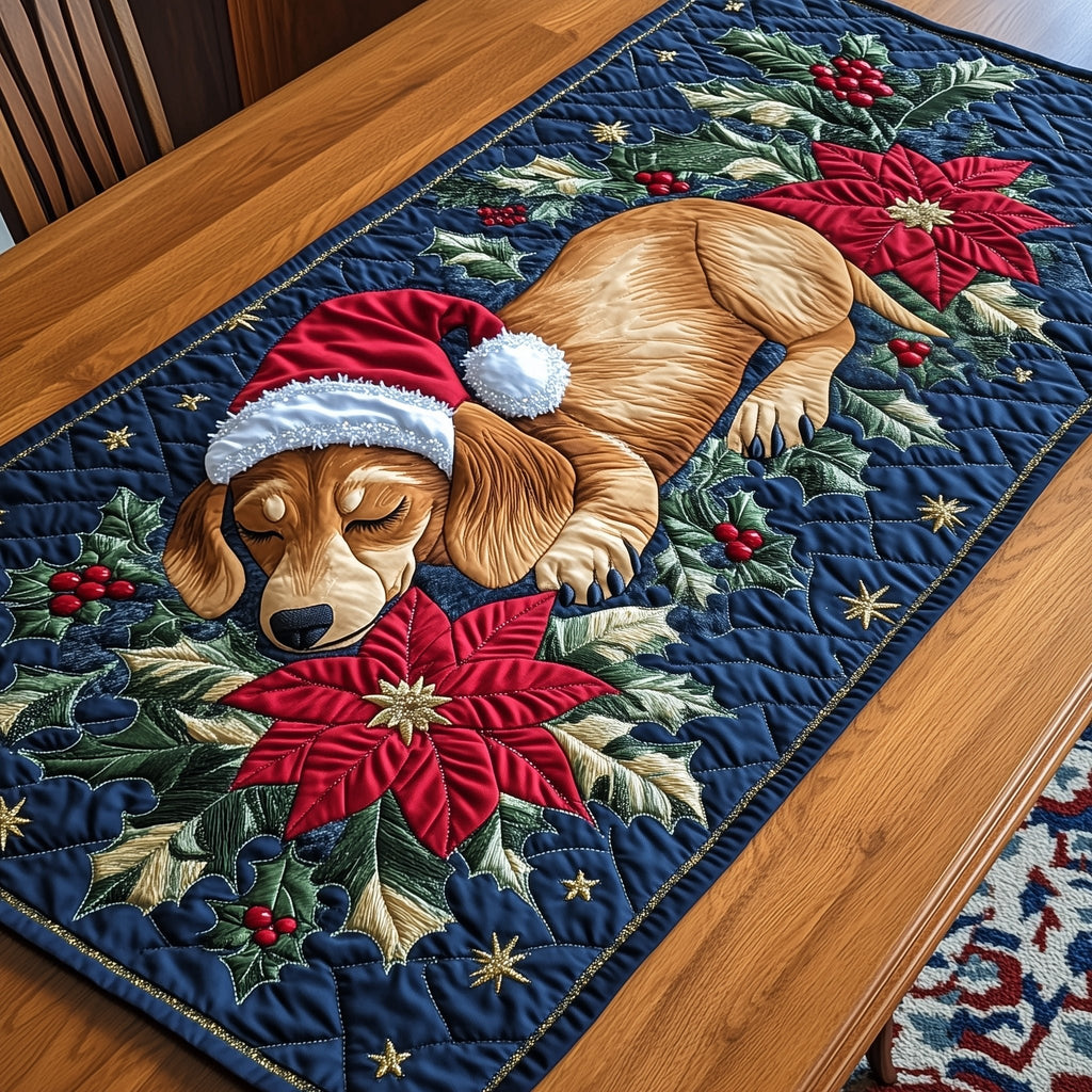 Dachshunds with Poinsettia on Blue Table Runner