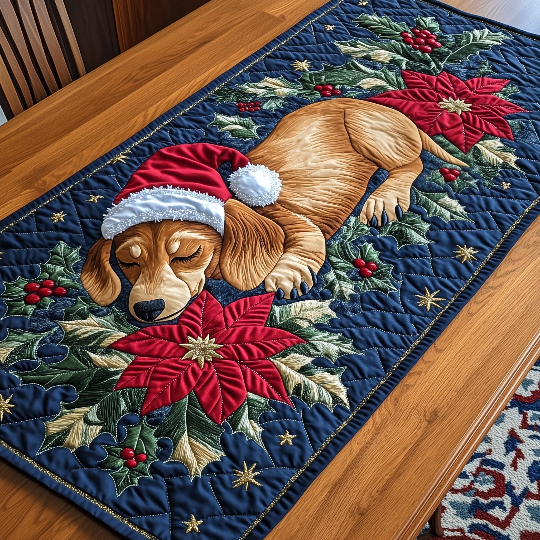 Dachshunds with Poinsettia on Blue Table Runner