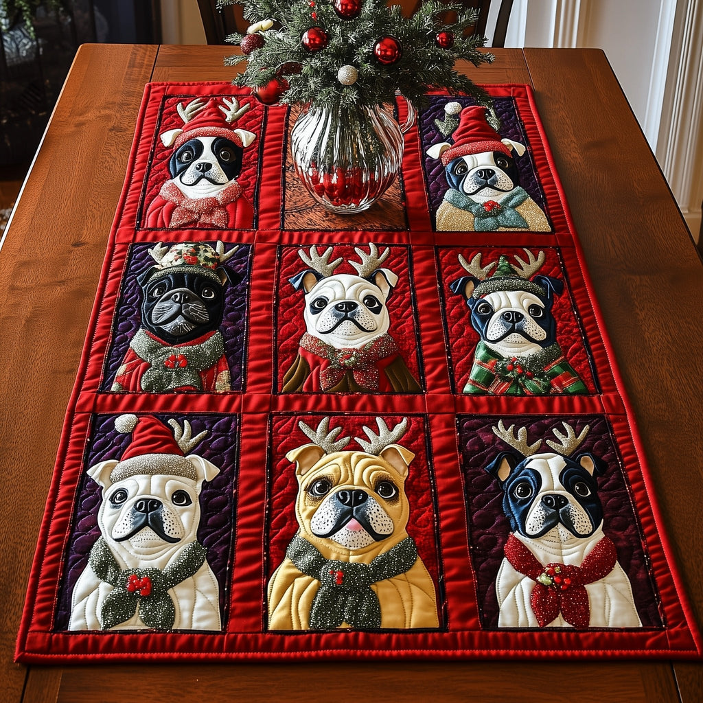 Bulldogs with Antlers in Red Blocks Table Runner