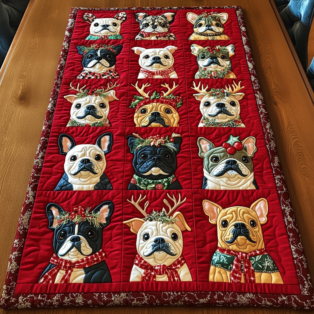French Bulldogs with Reindeer Antlers Table Runner