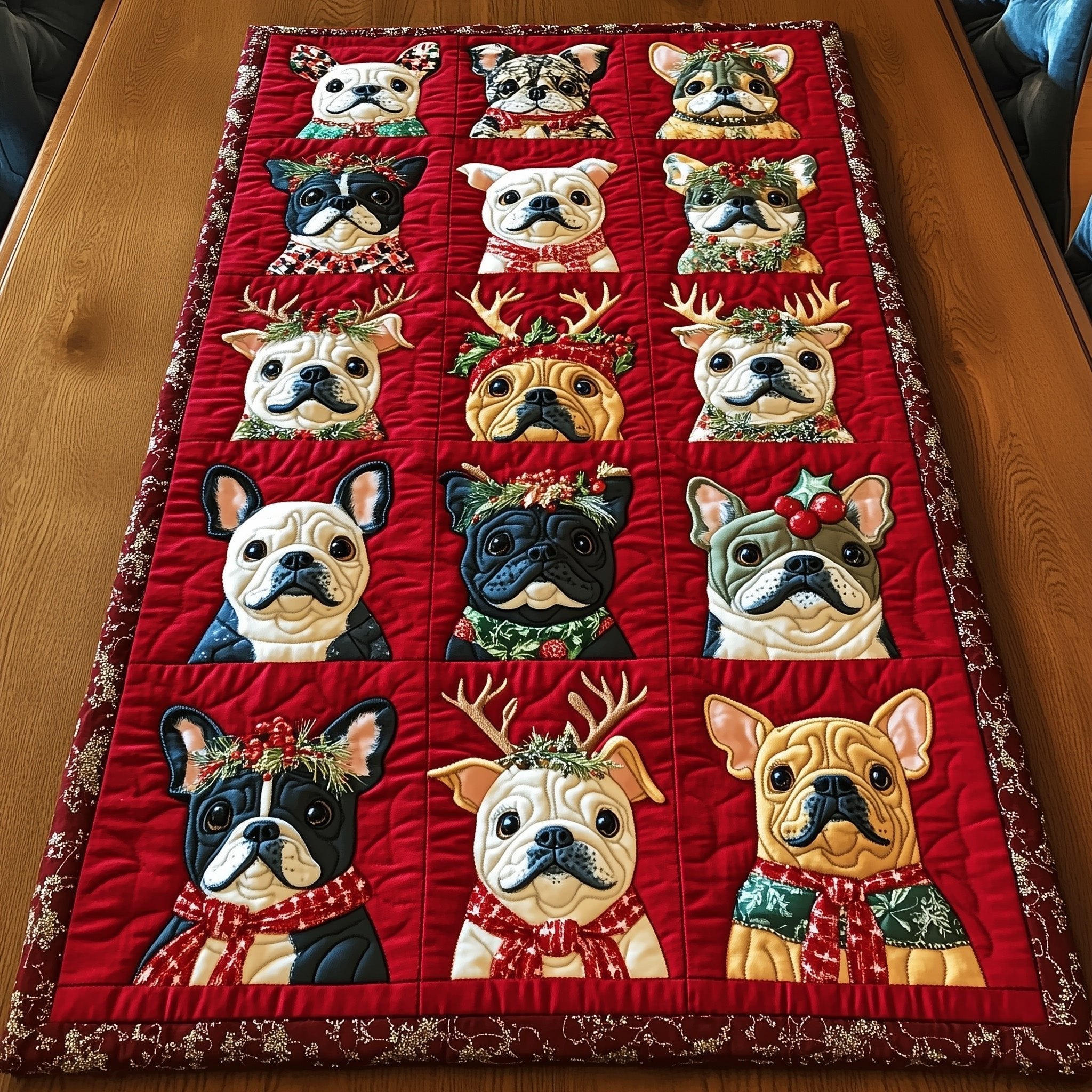French Bulldogs with Reindeer Antlers Table Runner