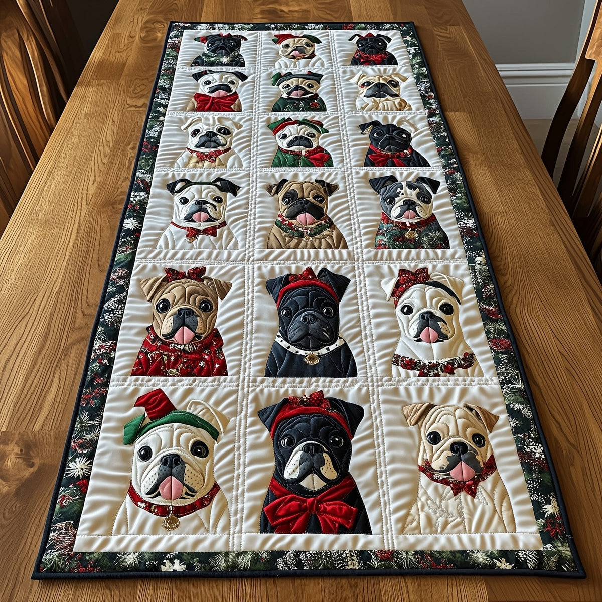 Bulldogs in White Quilt Squares Table Runner