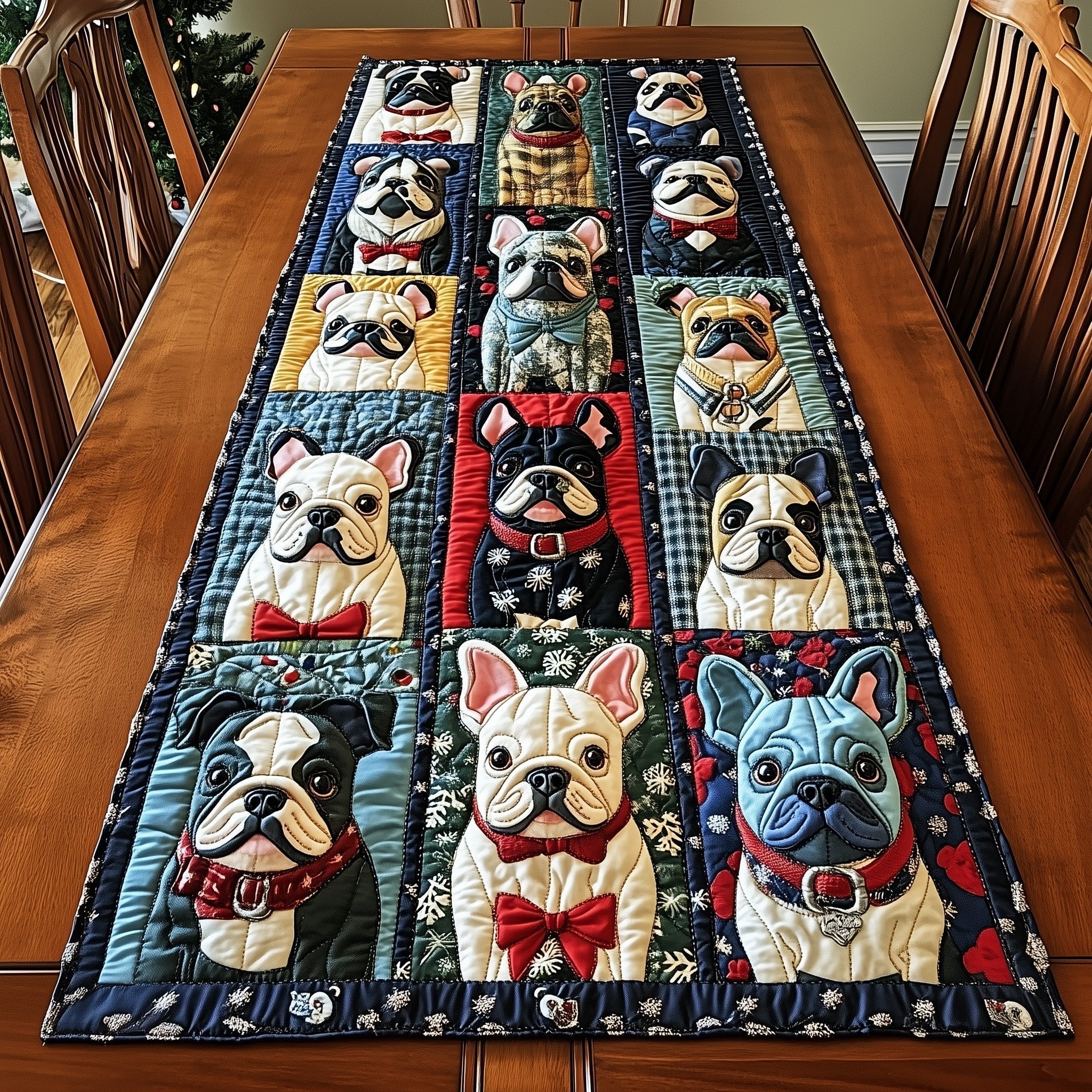 French Bulldogs in Blue Quilt Blocks Table Runner