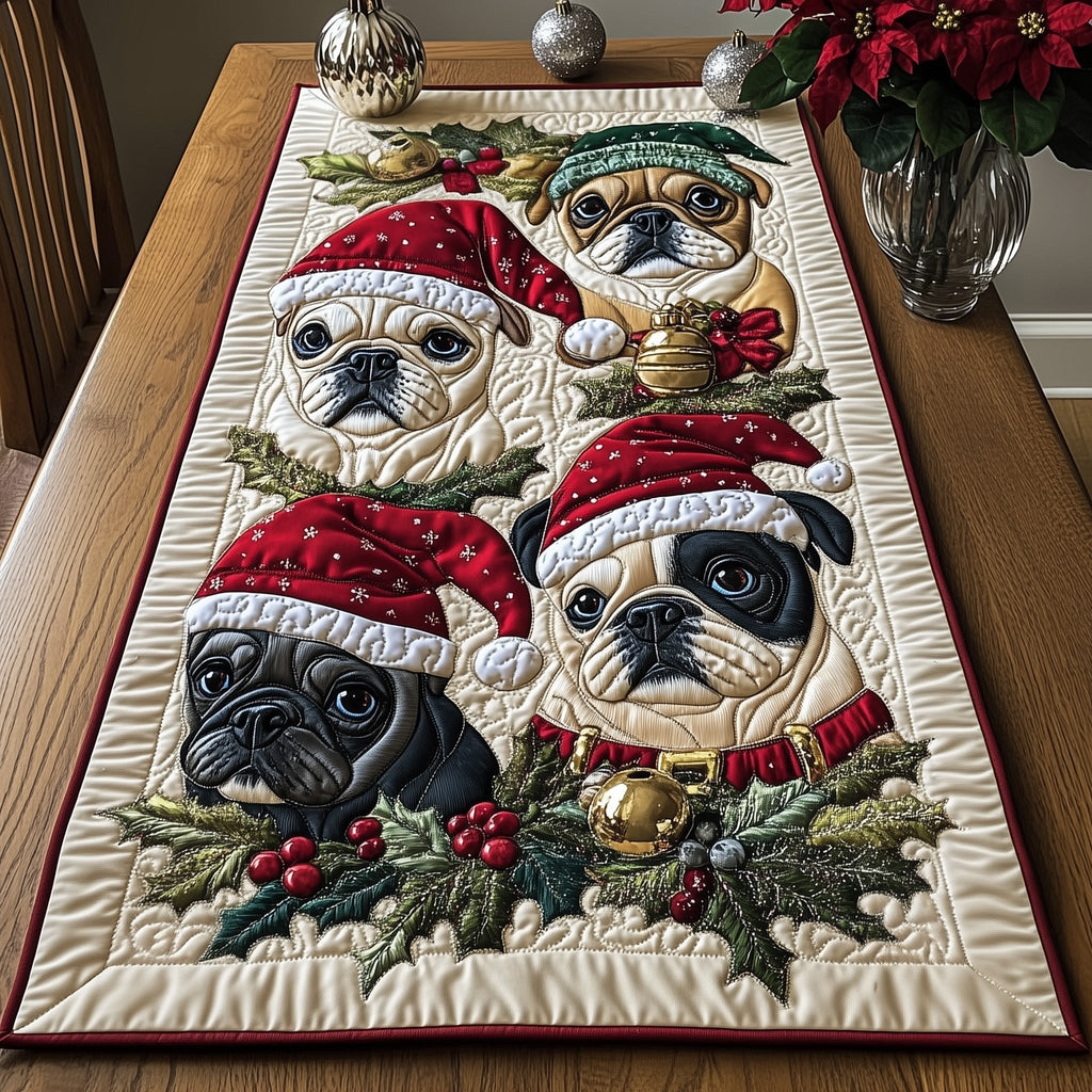 Bulldogs in Red Hats with Holly Table Runner