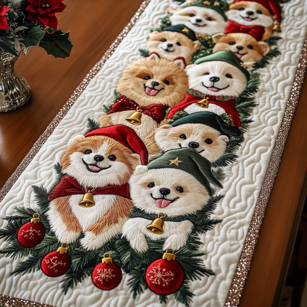 Pomeranians in Green Elf Hats Table Runner