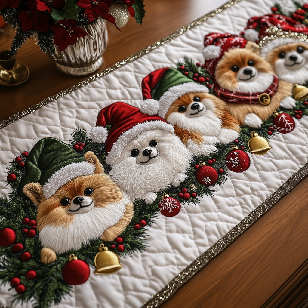 Jolly Pomeranian Pomeranians in Santa Hats Table Runner