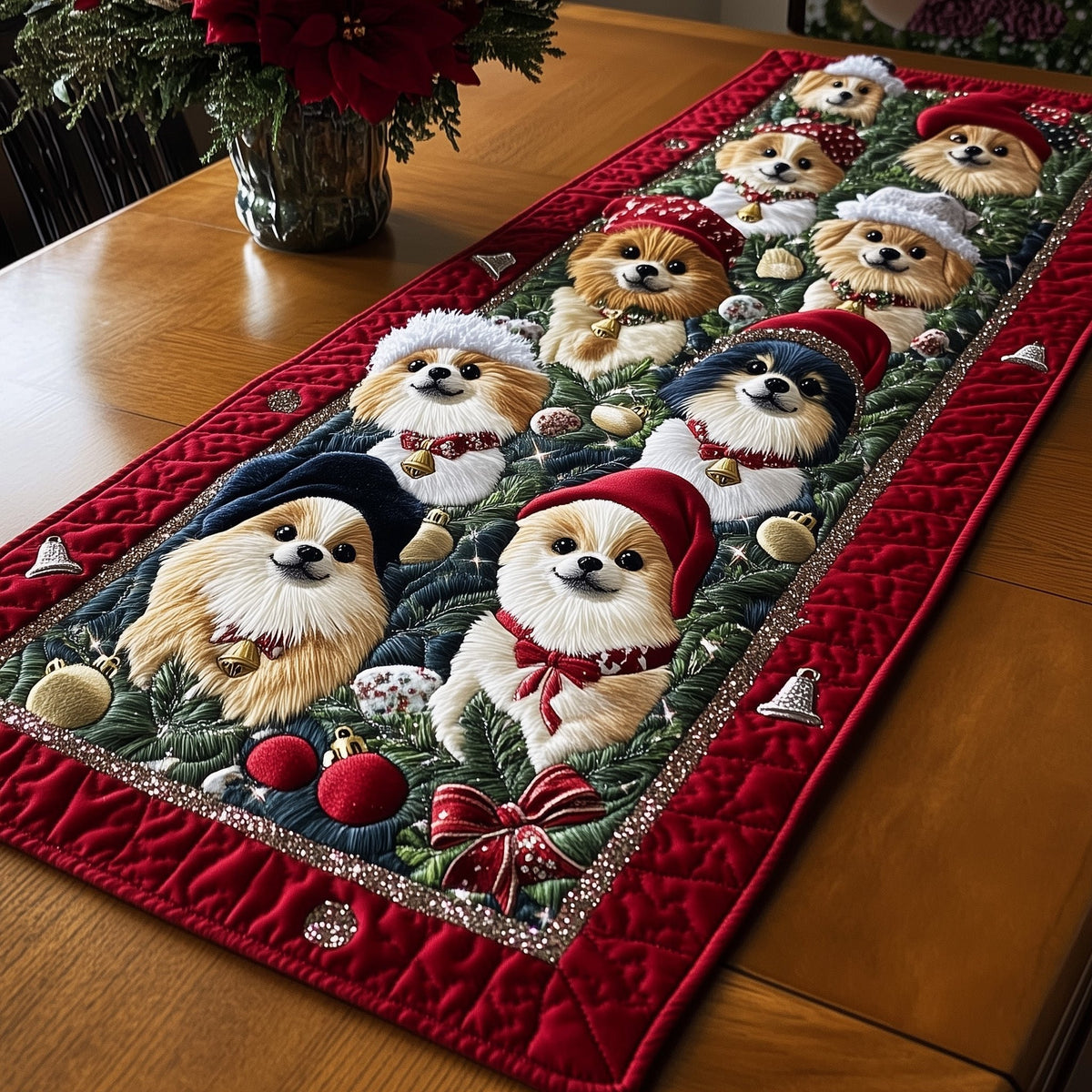 Pomeranians on Red with Ornaments Table Runner