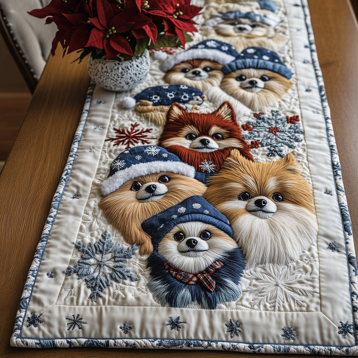 Pomeranians in Blue Winter Hats Table Runner