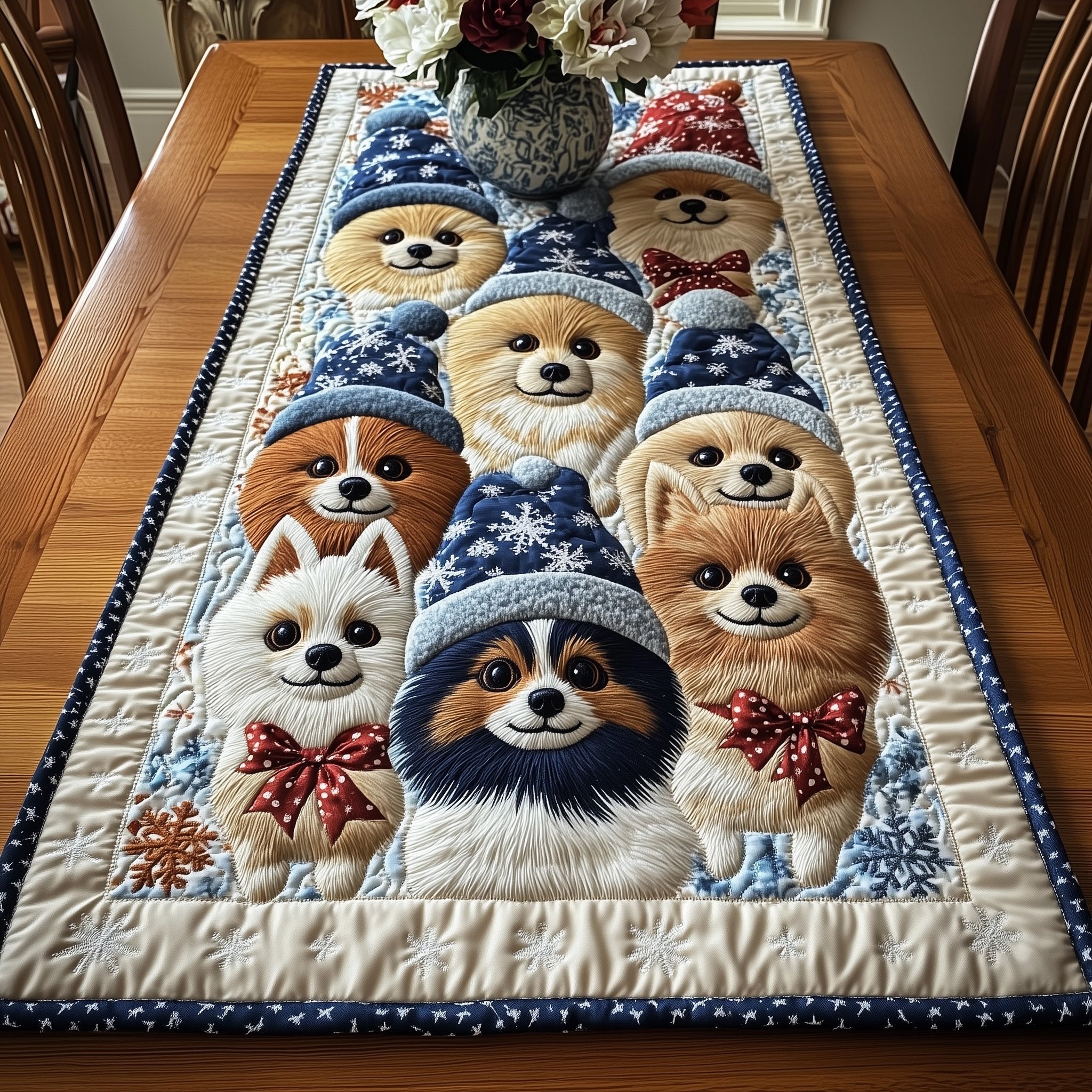 Pomeranians in Blue Scarves Table Runner