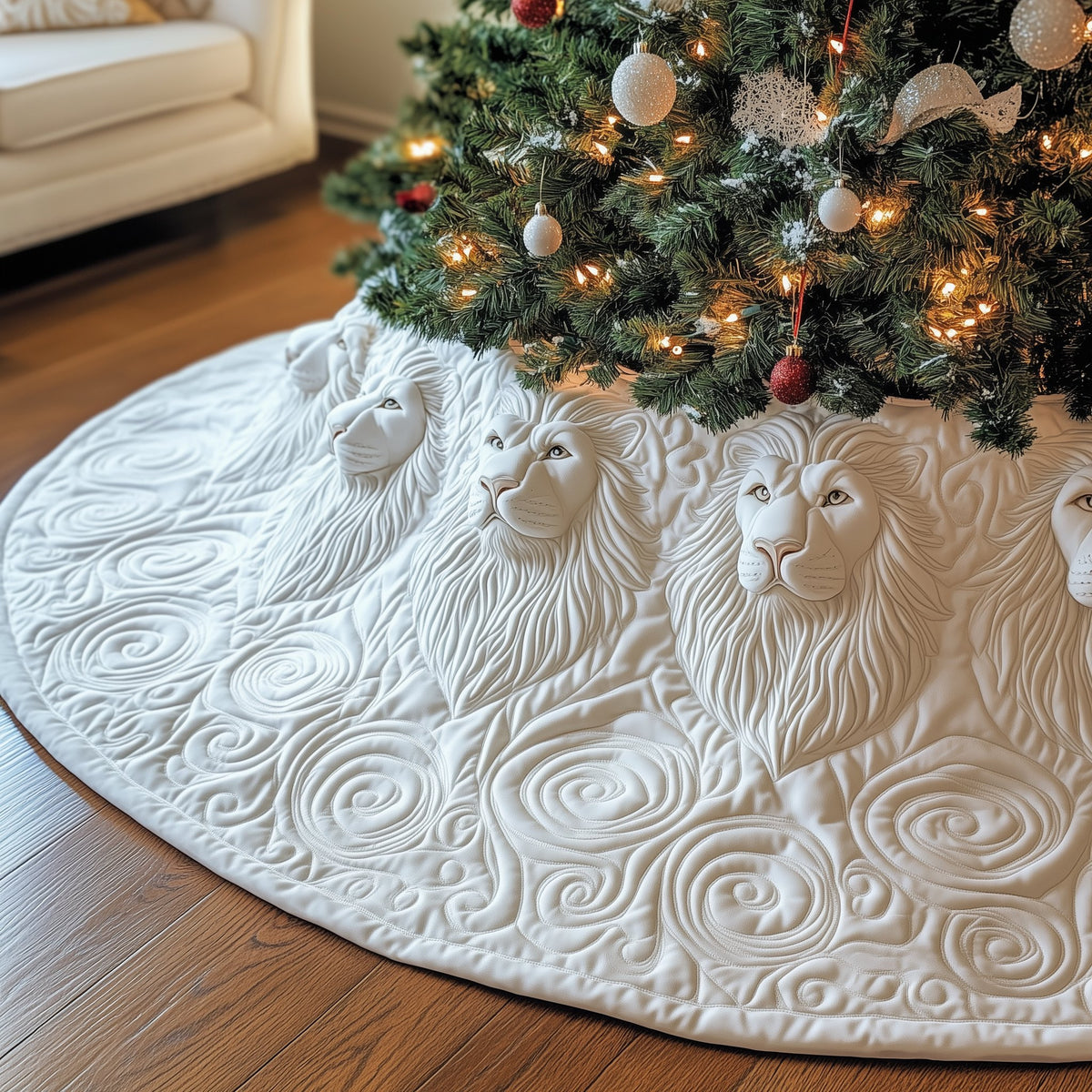 White Lions on Ivory Swirl Quilting Christmas Tree Skirt