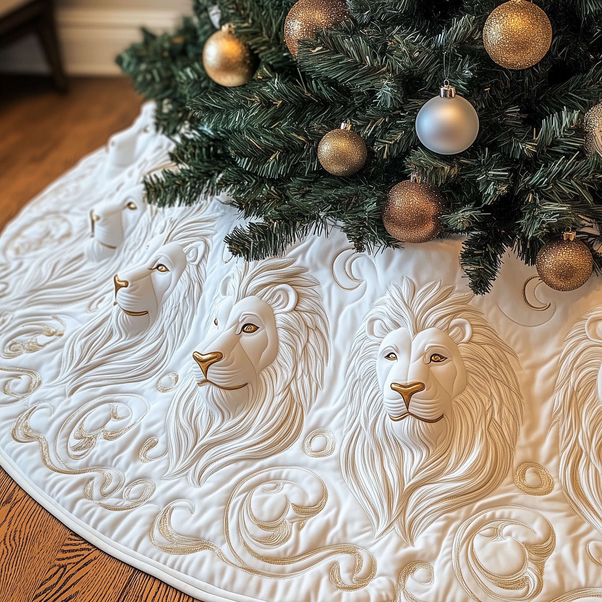 Pale Lions Resting on White Christmas Tree Skirt