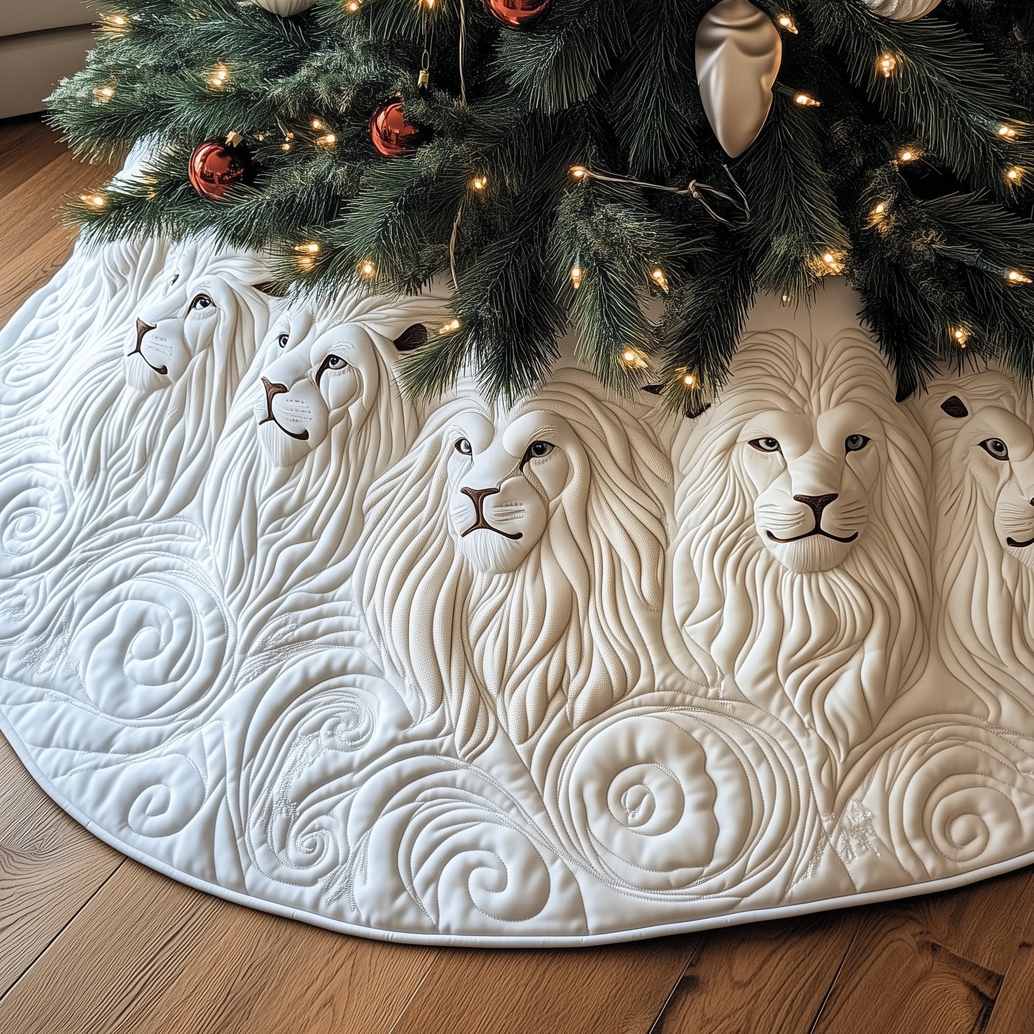 Regal White Lion Faces on Cream Christmas Tree Skirt