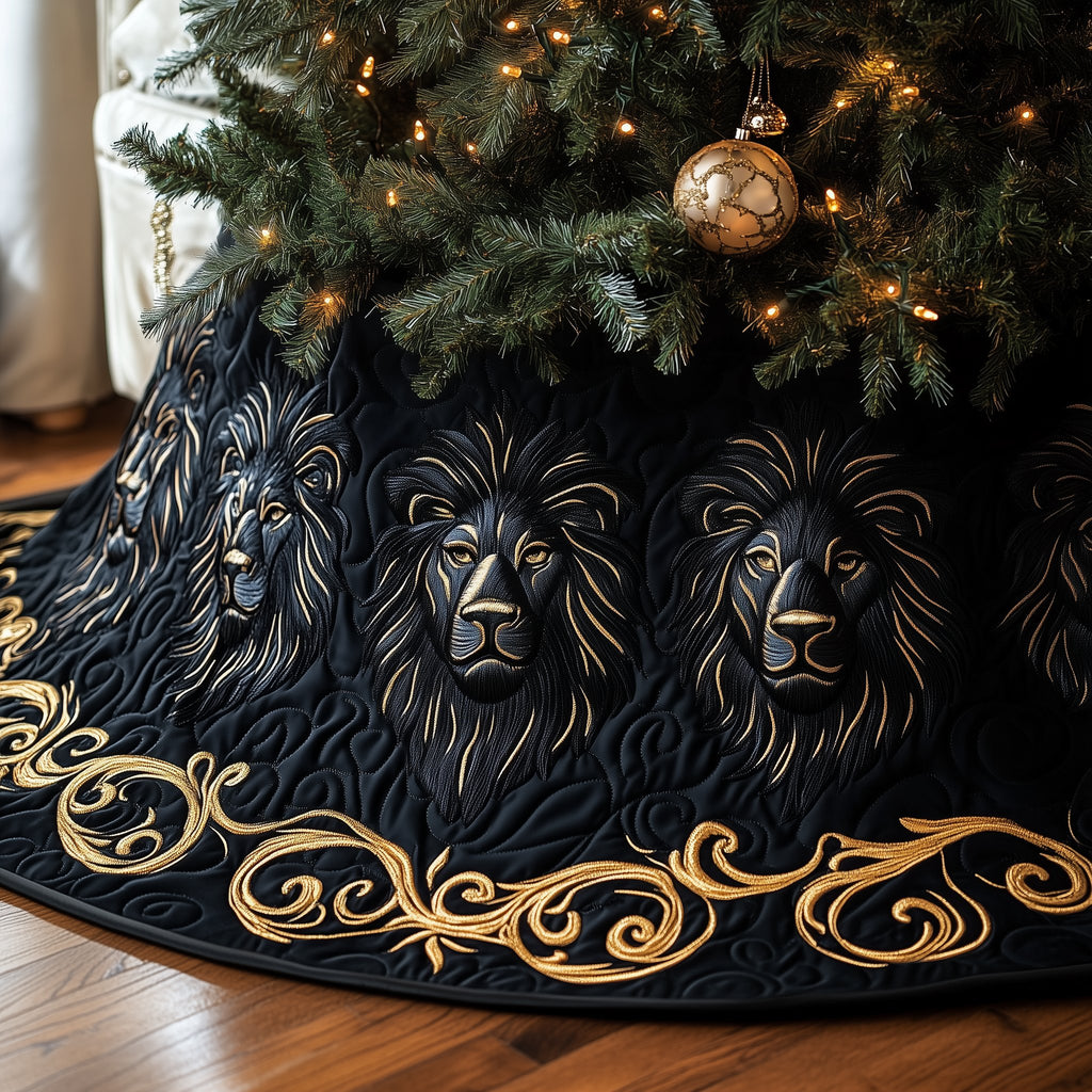 Black Lions with Gold Scrollwork Christmas Tree Skirt