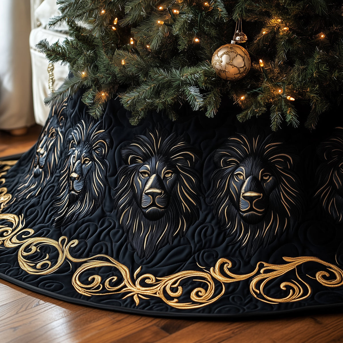 Black Lions with Gold Scrollwork Christmas Tree Skirt