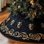 Golden Lion Heads on Black with Vines Christmas Tree Skirt
