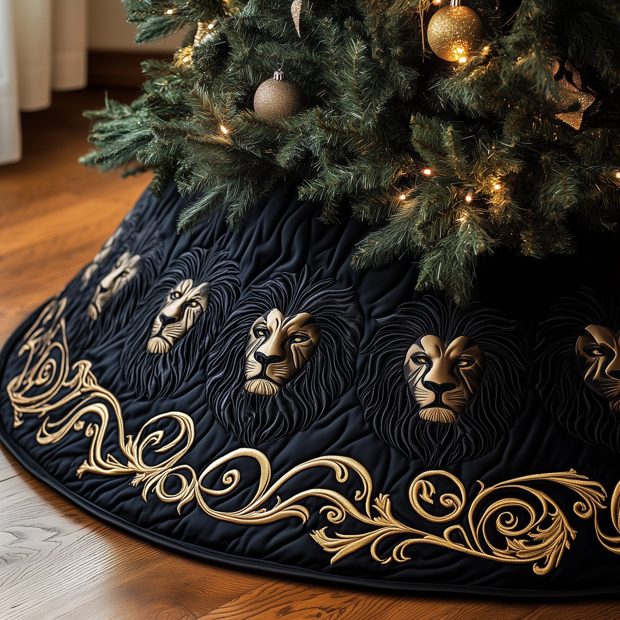 Golden Lion Heads on Black with Vines Christmas Tree Skirt