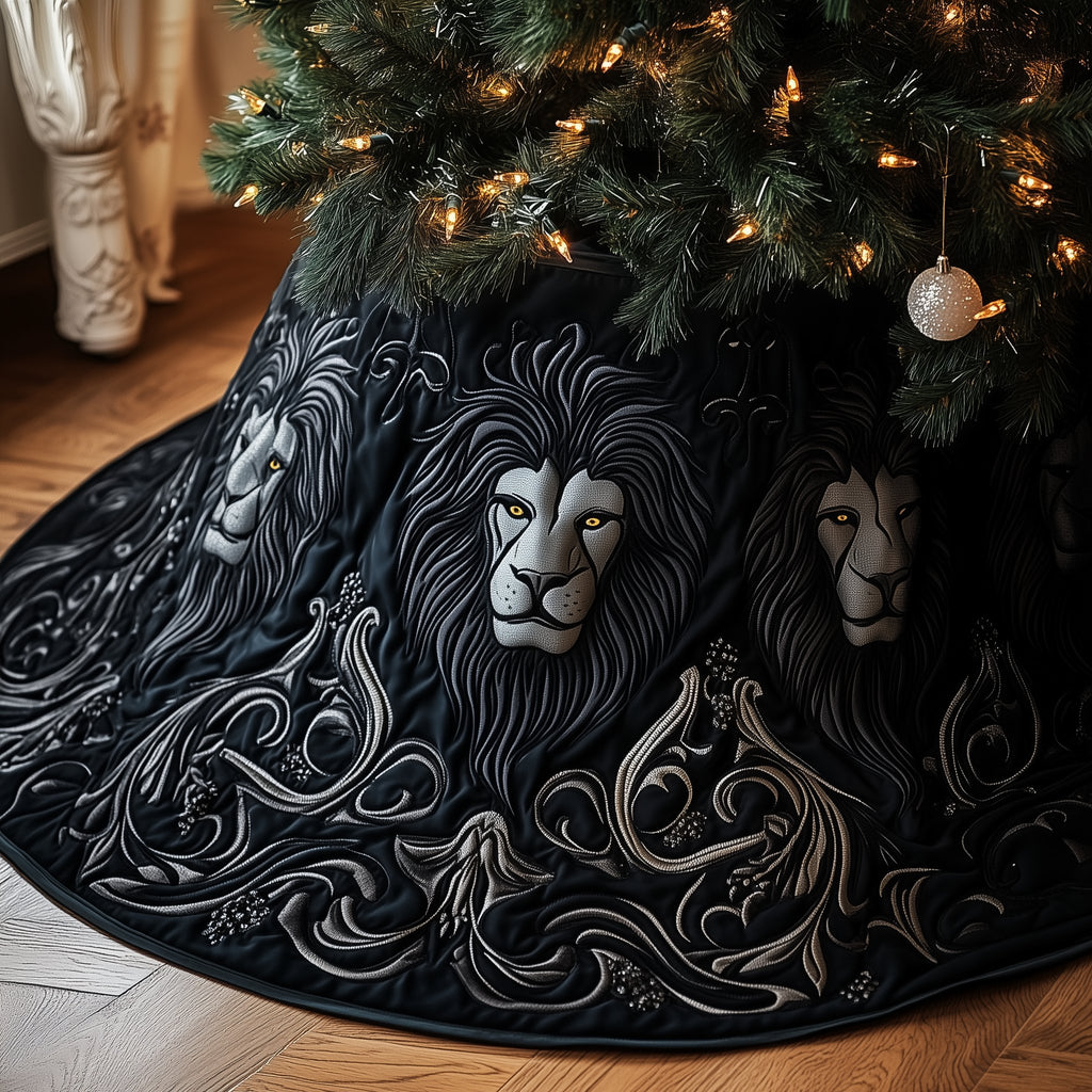 Silver Lion Faces on Black Christmas Tree Skirt
