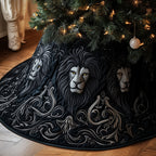 Silver Lion Faces on Black Christmas Tree Skirt