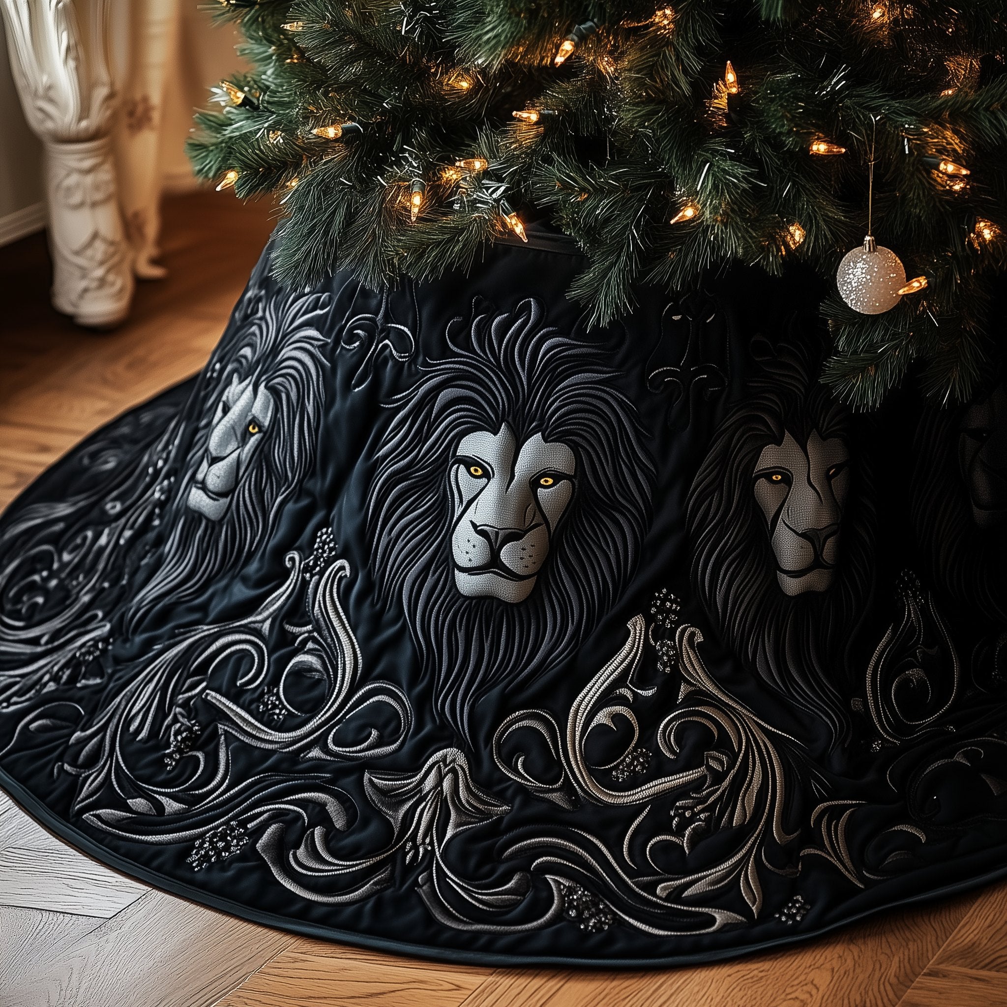 Silver Lion Faces on Black Christmas Tree Skirt