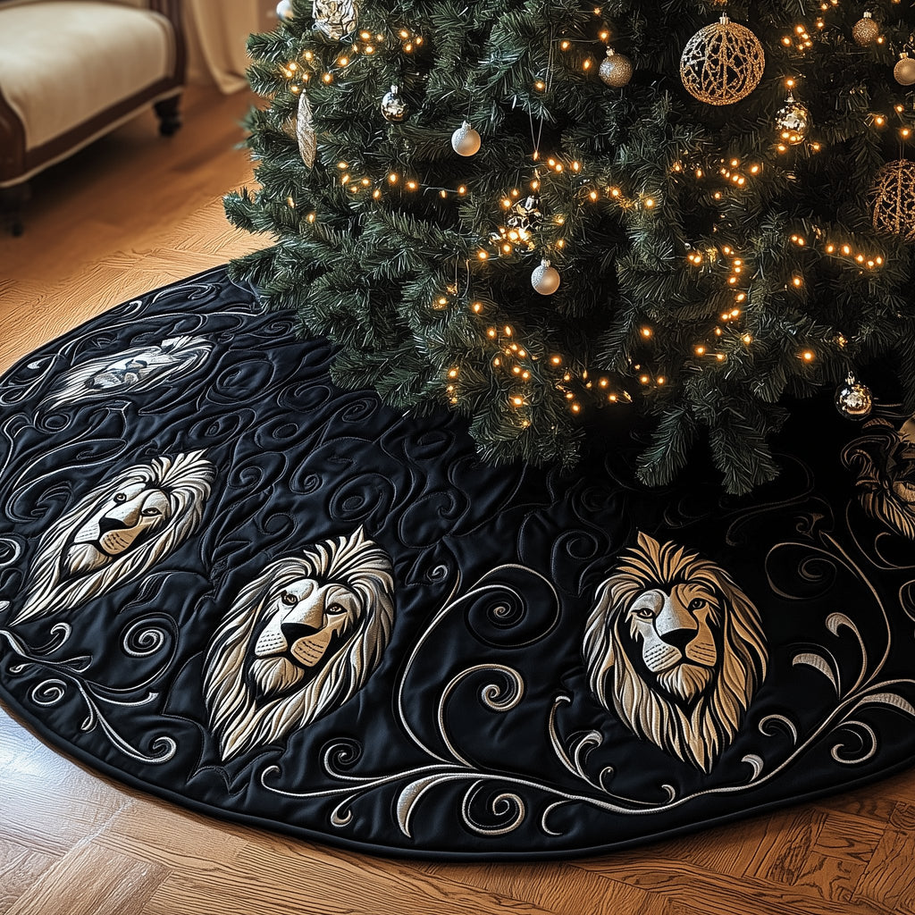 Gold Lions on Black with Swirls Christmas Tree Skirt