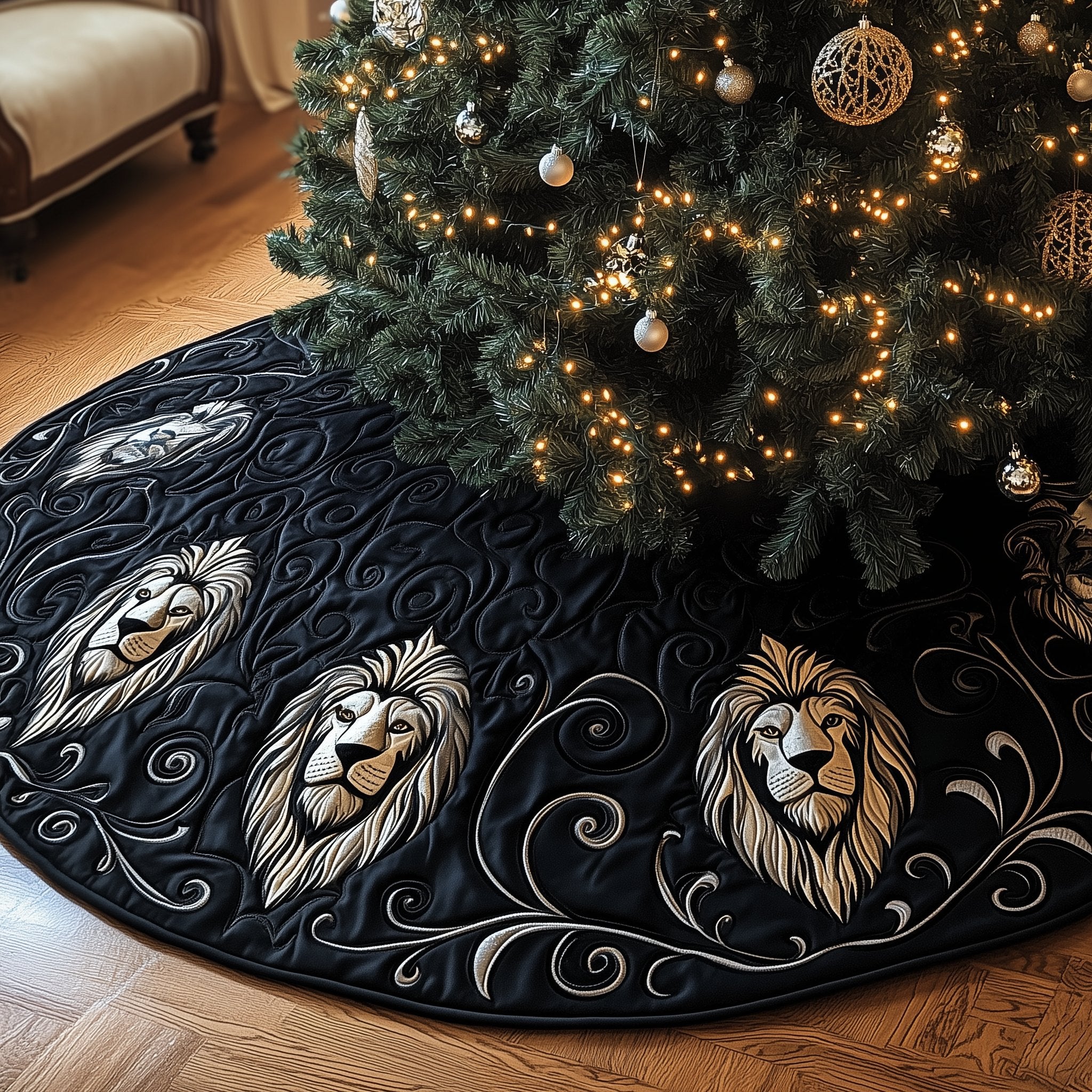 Gold Lions on Black with Swirls Christmas Tree Skirt