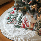 Winter Cottage with Poinsettias Christmas Tree Skirt