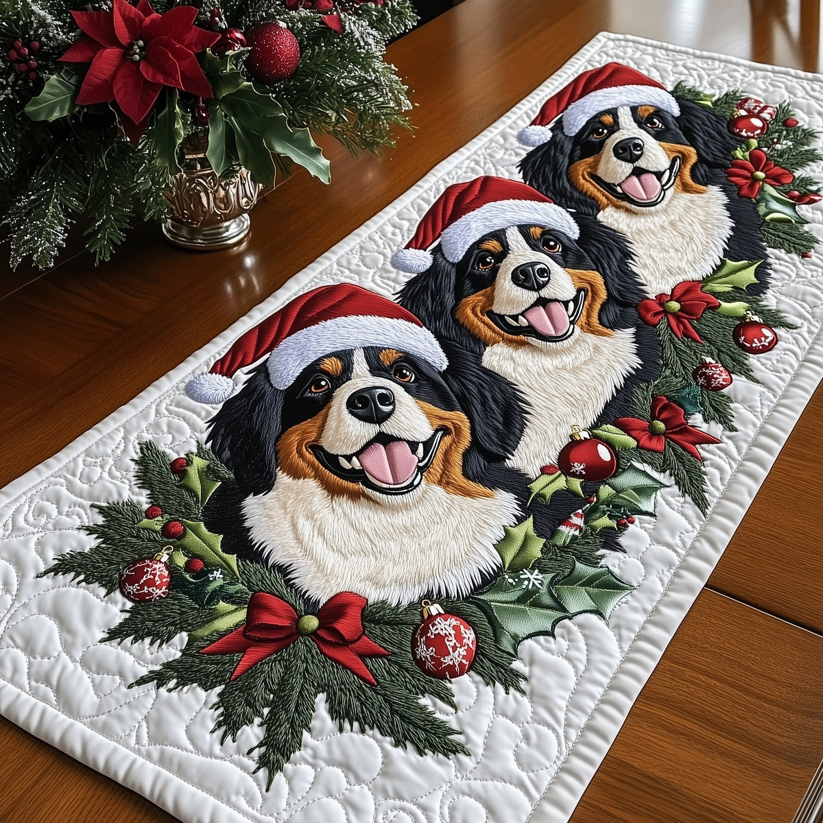 Bernese Dog in a Santa Hat Table Runner
