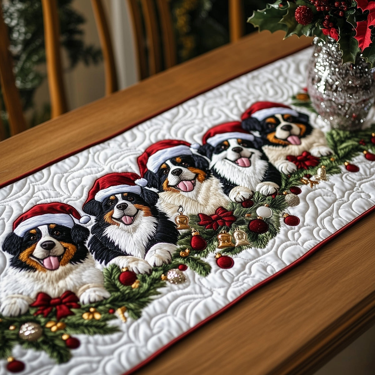 Bernese Dogs with Christmas Ornaments Table Runner