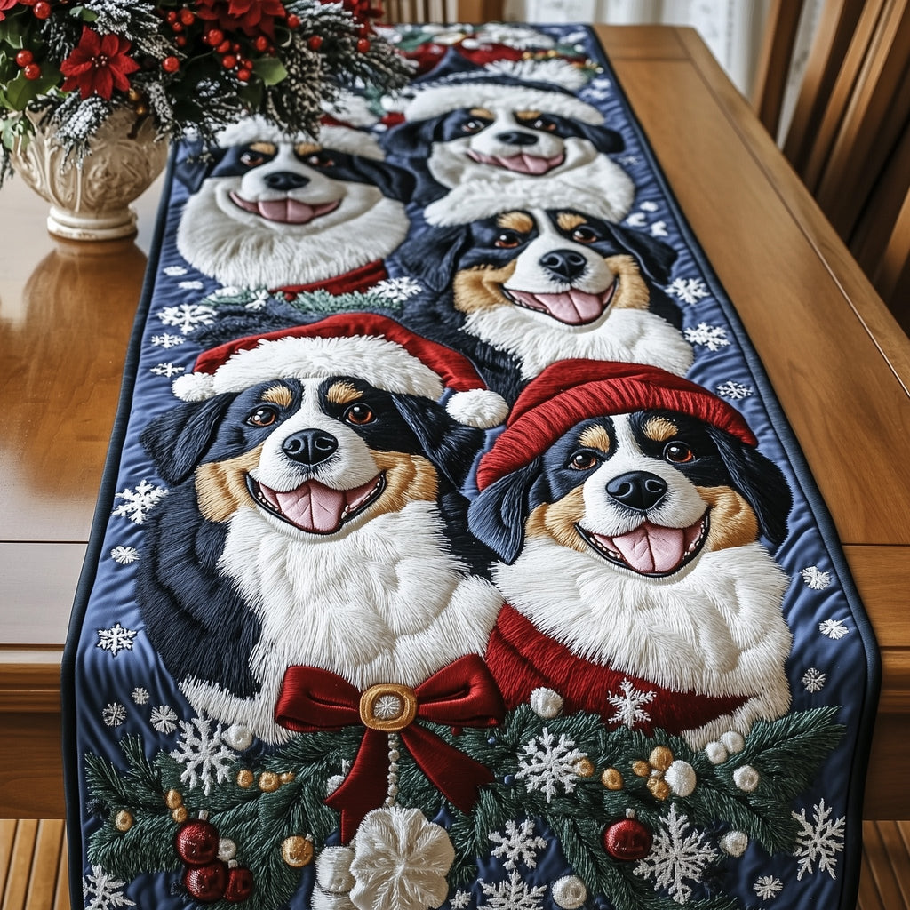 Bernese Dogs with Red Bow Table Runner