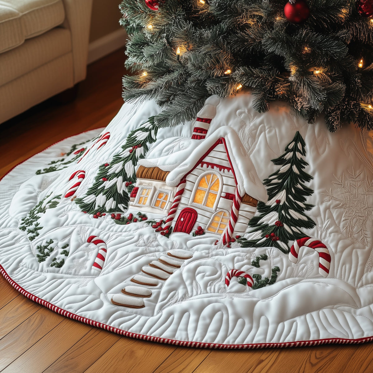 White Cottage with Candy Cane Path Christmas Tree Skirt