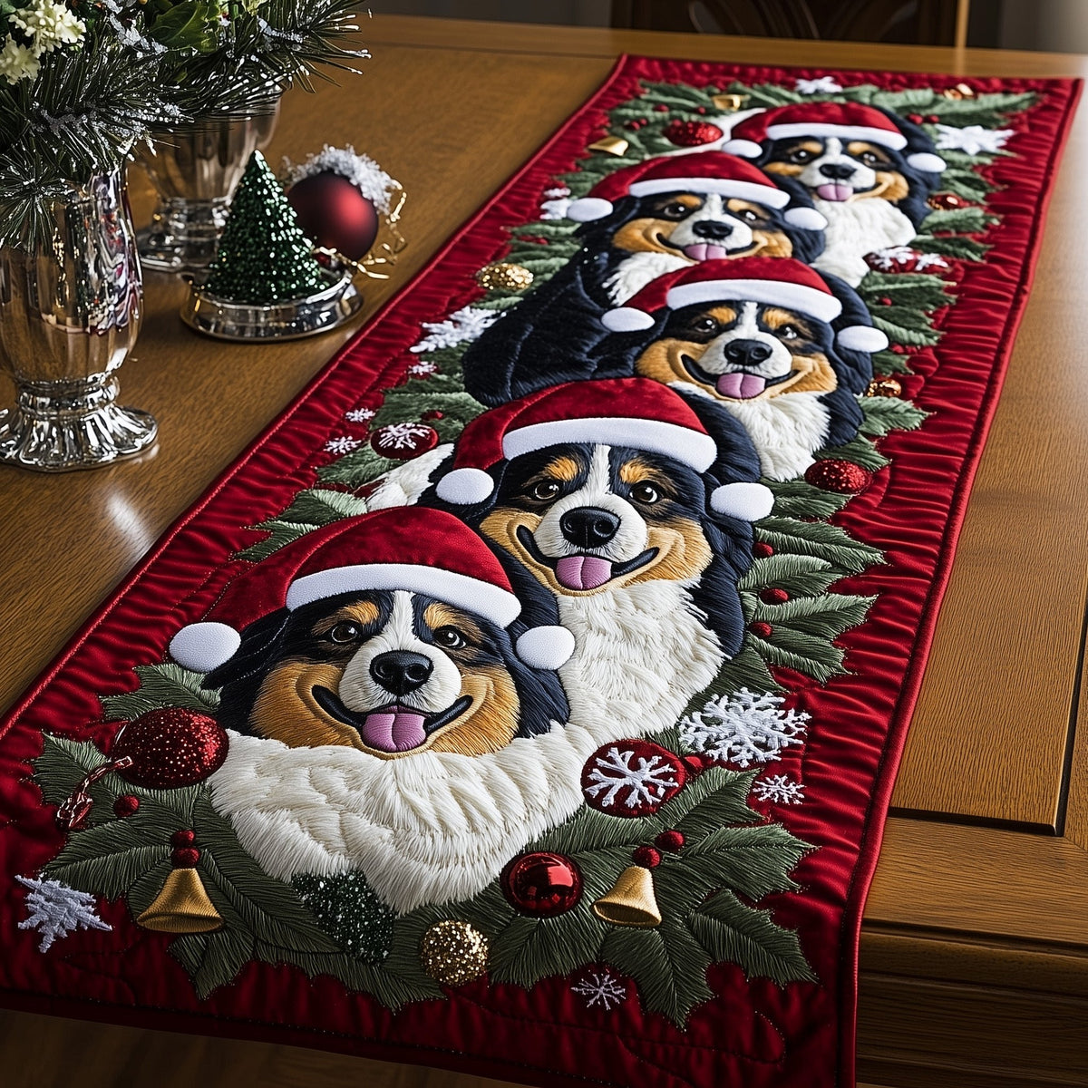 Bernese Dog with Red Hat and Bells Table Runner