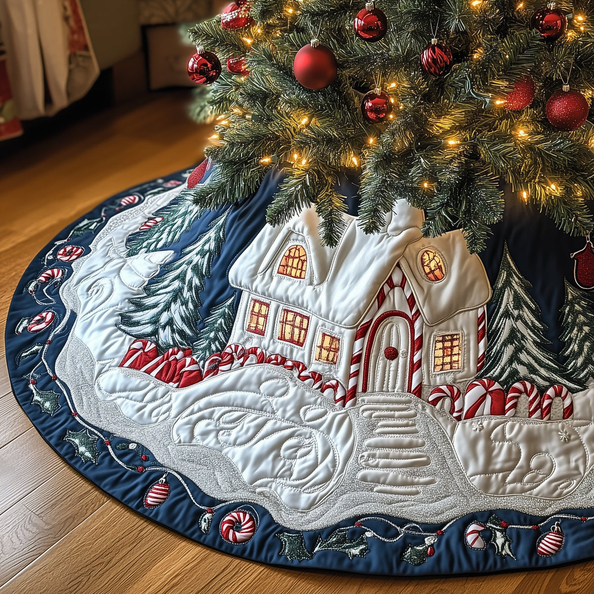Snow Cottage with Navy Star Border Christmas Tree Skirt