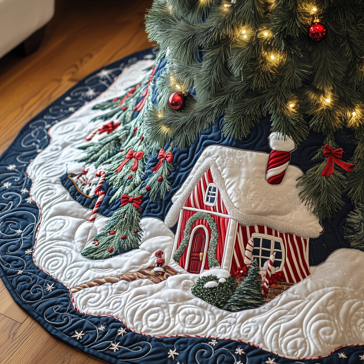 Red Cottage with Hanging Stocking Christmas Tree Skirt