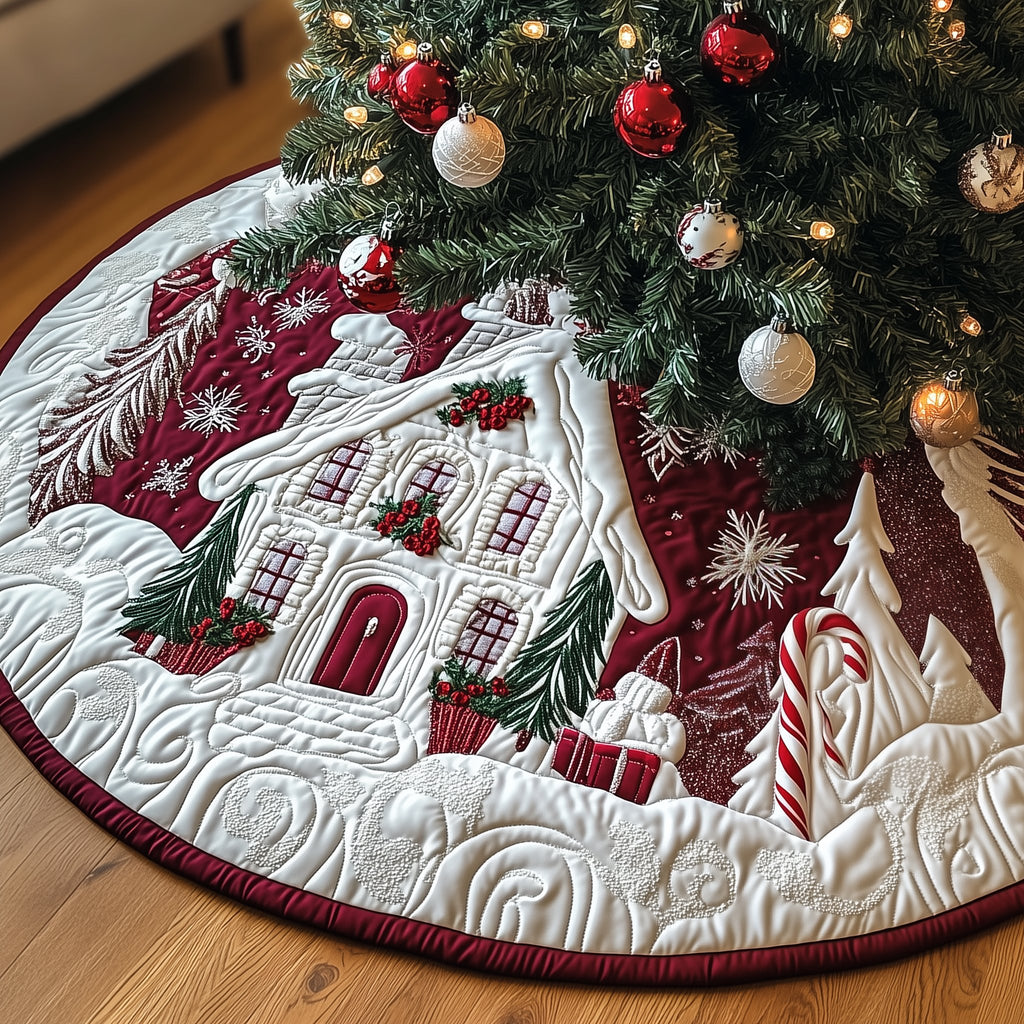 Cottage on Burgundy Winter Scene Christmas Tree Skirt