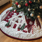 Cottage on Burgundy Winter Scene Christmas Tree Skirt
