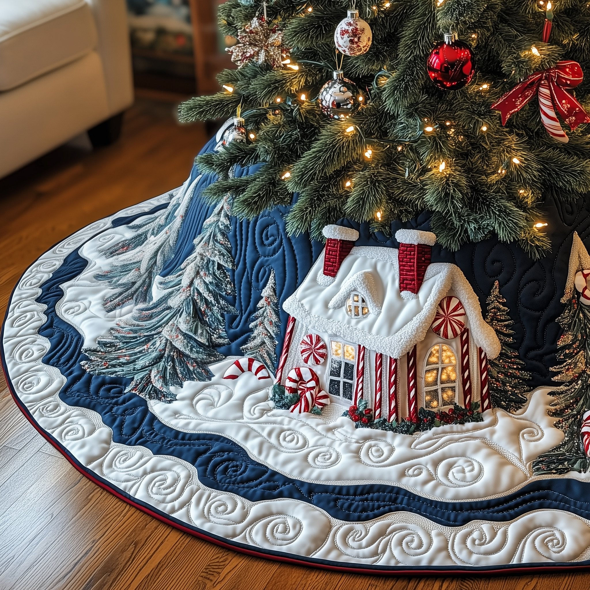 Blue Cottage with Peppermint Candies Christmas Tree Skirt
