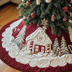 White Cottage with Red Snowflake Border Christmas Tree Skirt