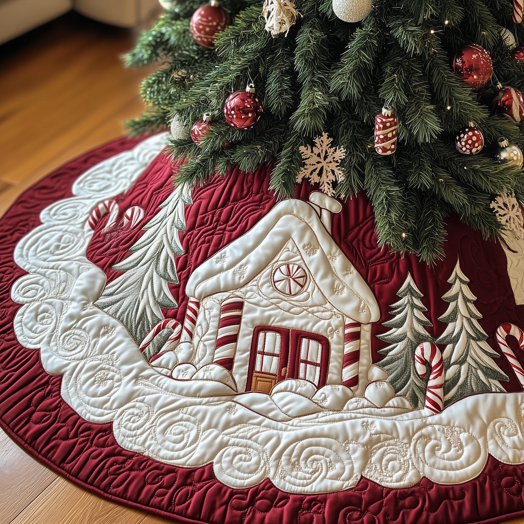 White Cottage with Red Snowflake Border Christmas Tree Skirt