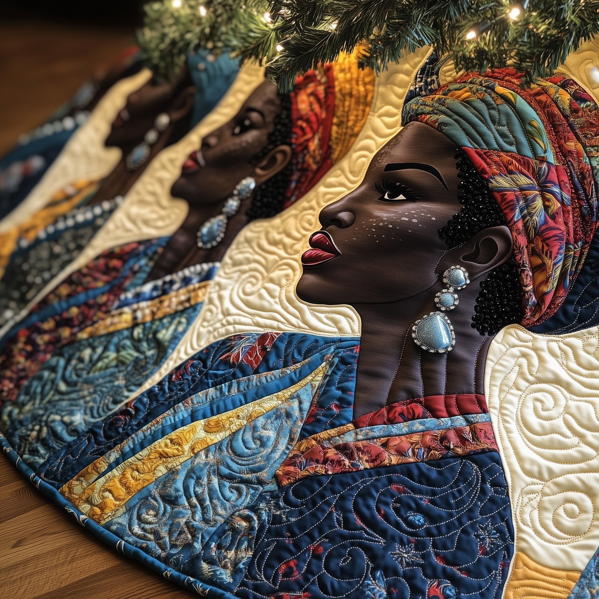 African Woman in Blue Headwrap Christmas Tree Skirt