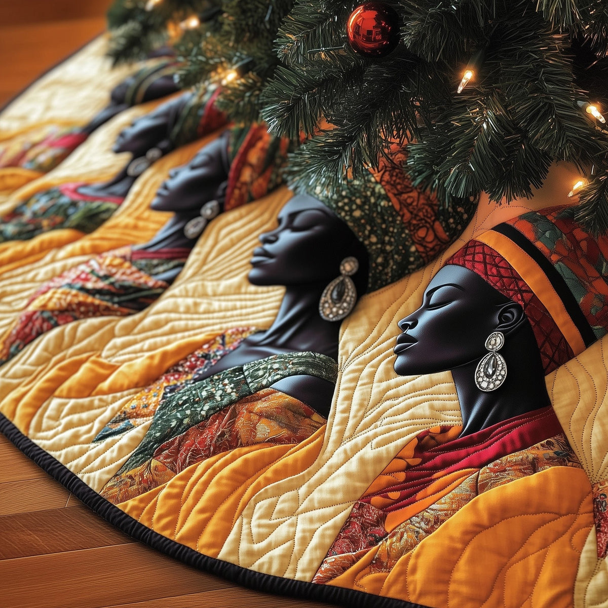 Women with Gold Earrings on Amber Christmas Tree Skirt