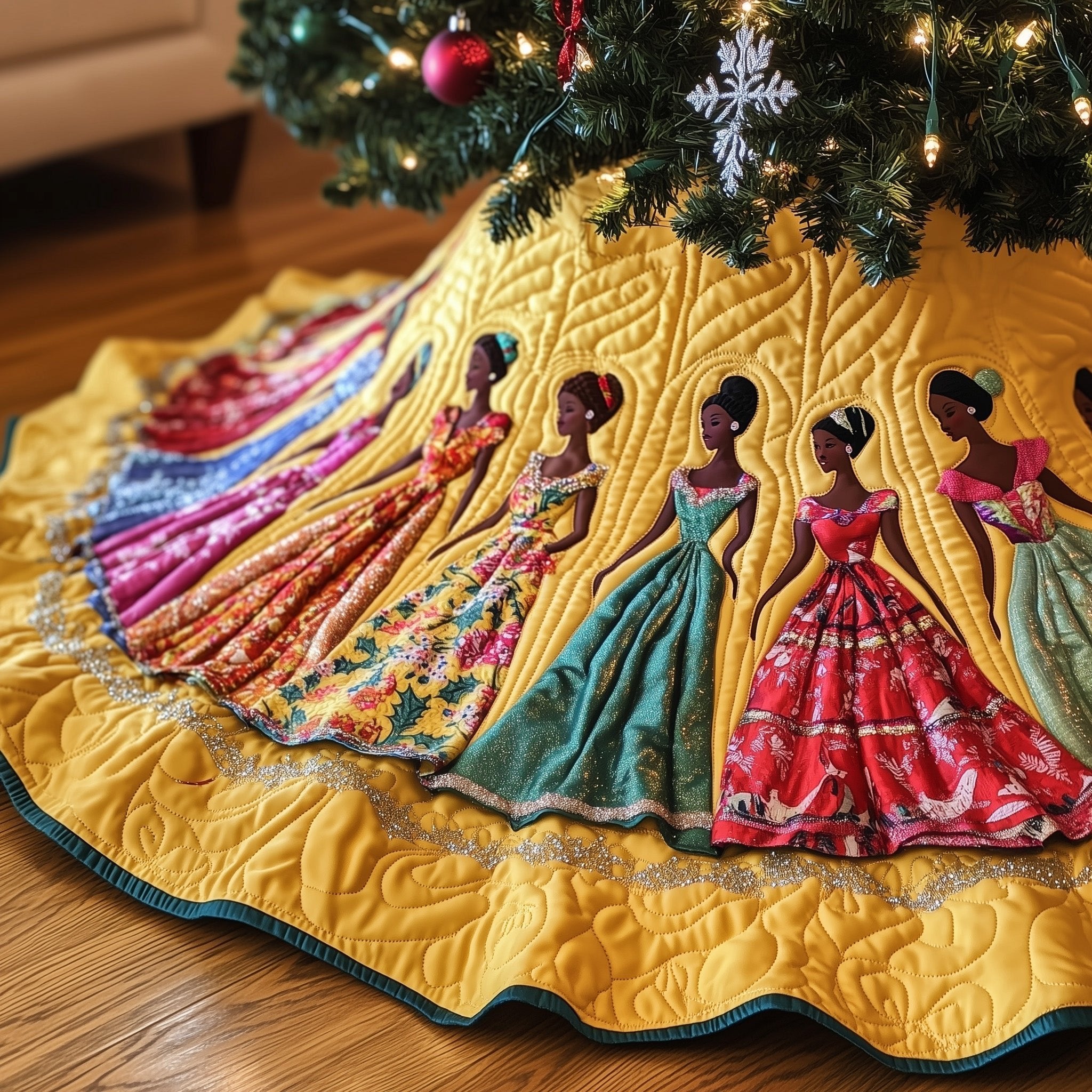Women in Colorful Ballgowns Yellow Christmas Tree Skirt