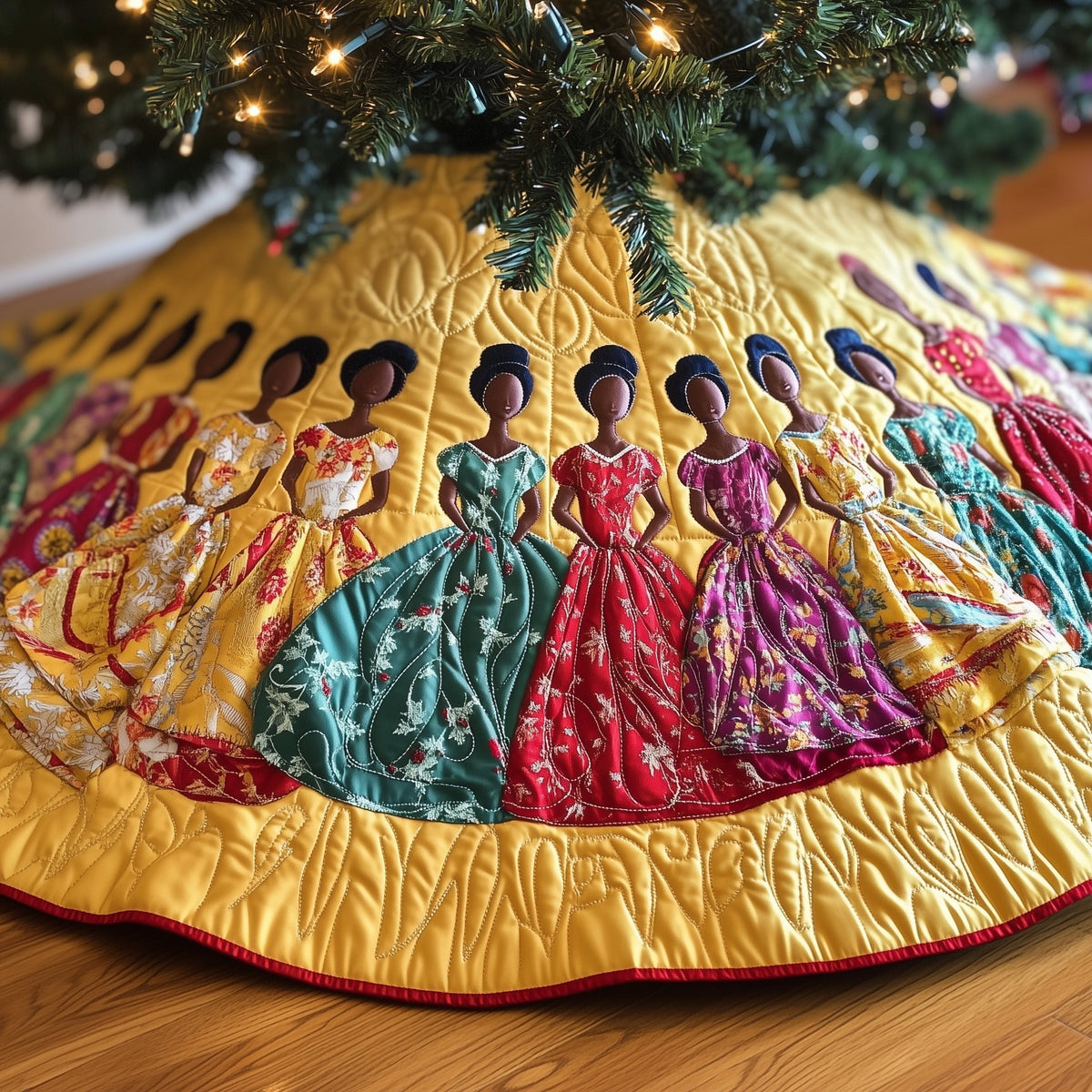 Women in Gowns on Amber Quilt Christmas Tree Skirt
