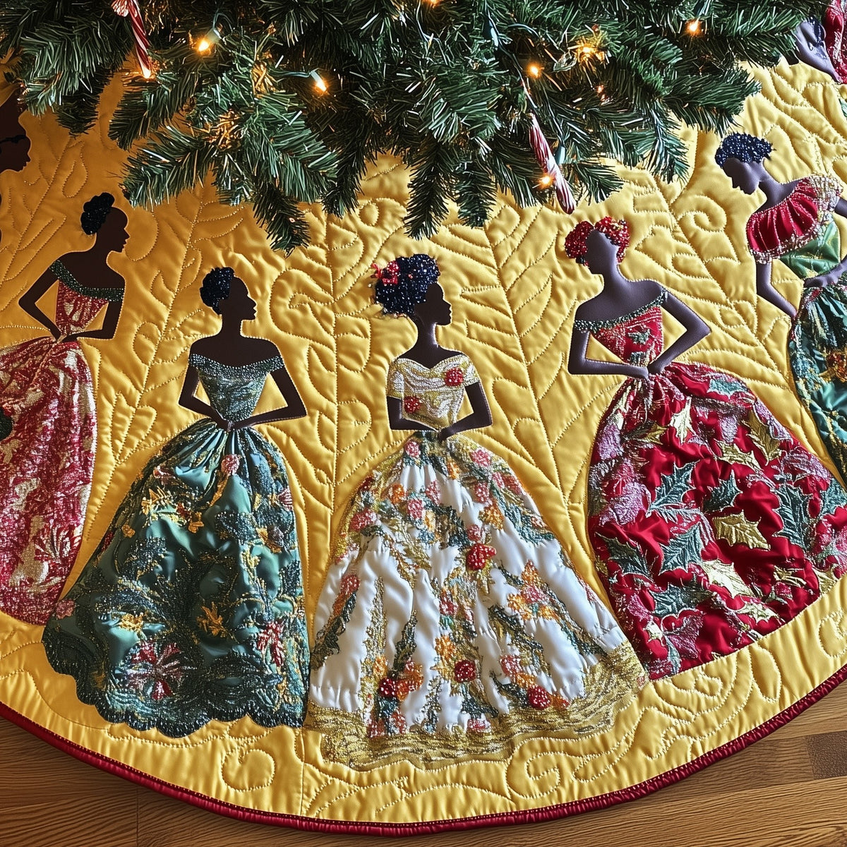 Women in Teal and Red Ballgowns Christmas Tree Skirt