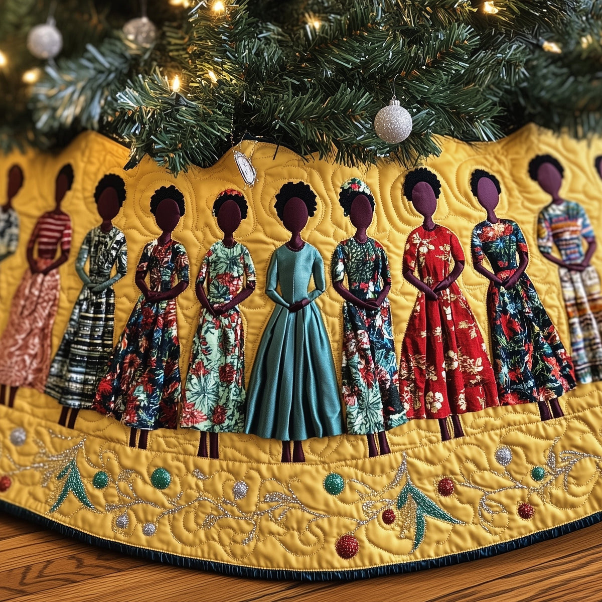 Women in Floral Dresses on Gold Christmas Tree Skirt