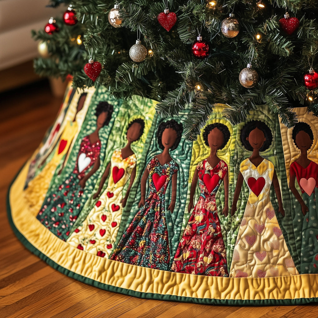 Women in Dresses with Red Hearts Christmas Tree Skirt