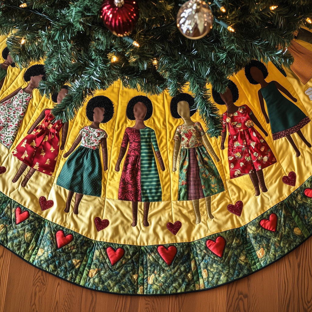 Women in Gowns with Heart Border Christmas Tree Skirt