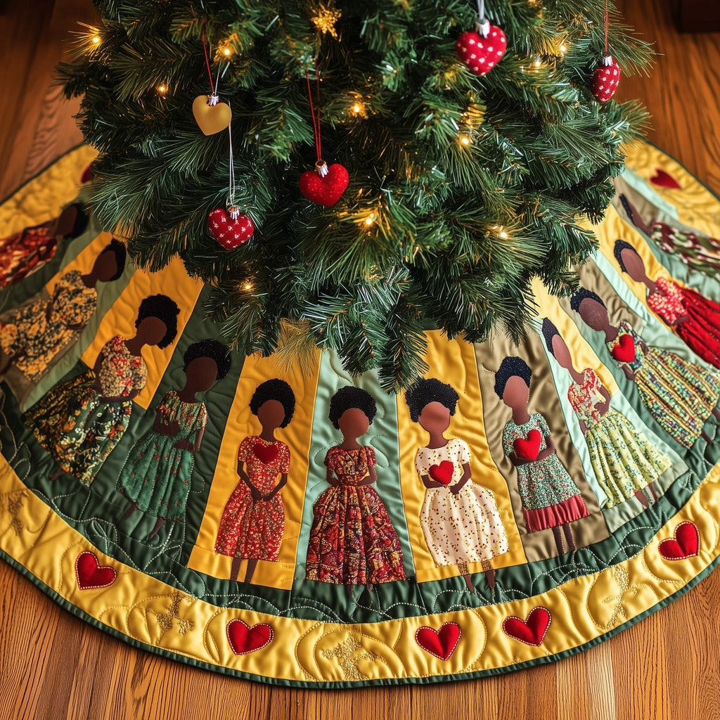 Women in Dresses on Yellow Hearts Christmas Tree Skirt