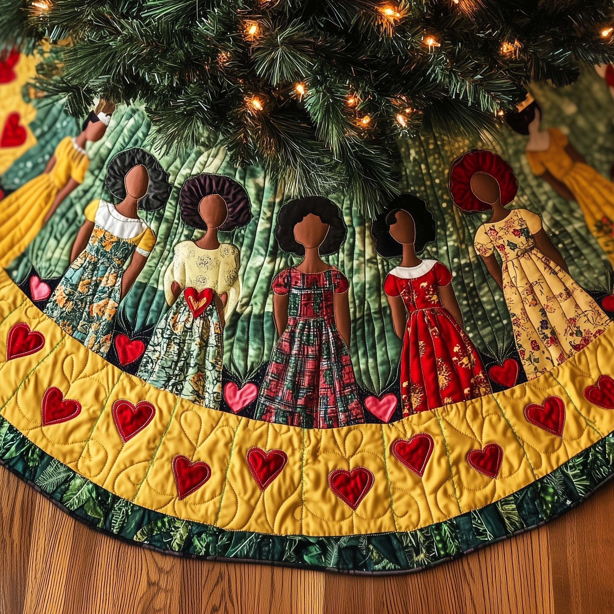 Women in Red and Green Dresses Christmas Tree Skirt